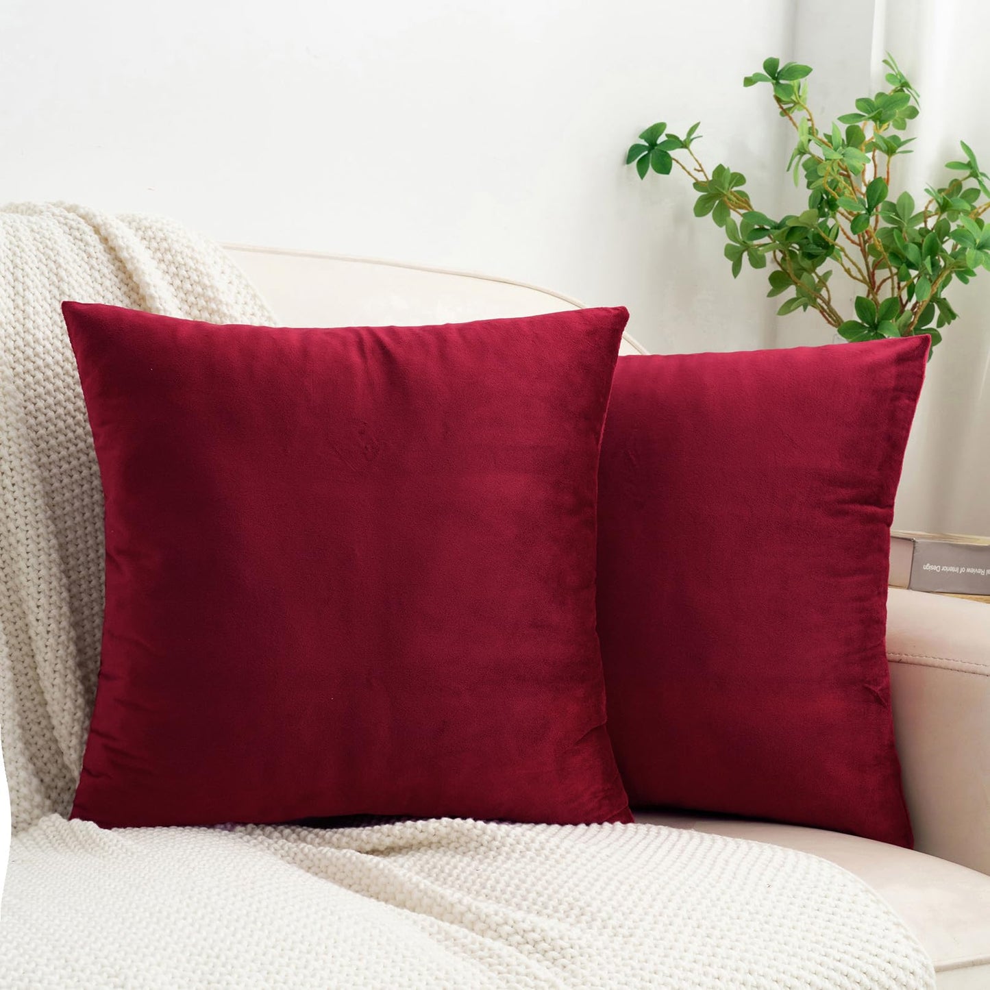 HWY 50 Burgundy Red Velvet Throw Pillow Covers 18x18 Inch, Pack of 2 Soft Cozy Solid Decorative Luxury Cushion Cases for Couch Sofa Bed Living Room Bedroom