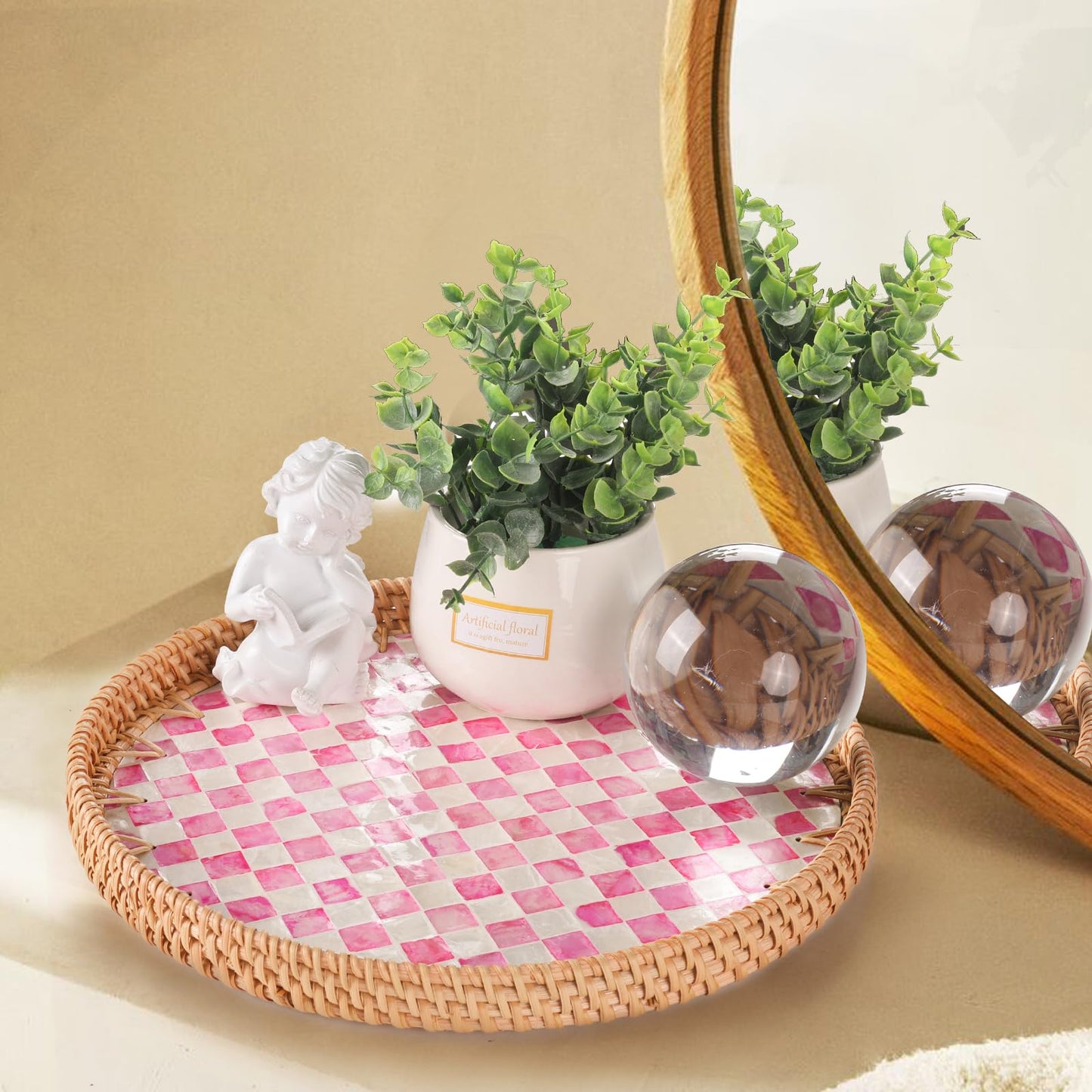 Tynulox Round Rattan Tray with Mother of Pearl Inlay, Rattan Serving Tray for Coffee, Bread, Fruits, Decorative Wicker Tray for Table Decor, Home Decor, Kitchen Island Decor(Pink Checkerboard, 11.8")