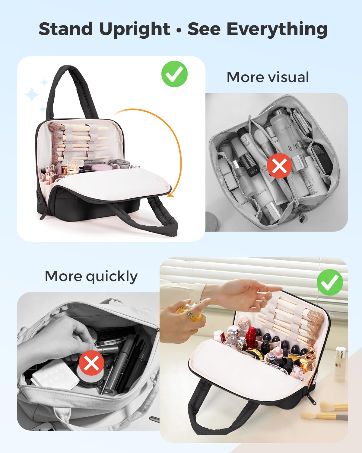 Wandering Nature Standing Makeup Bag for Travel, Portable Fold-down Cosmetic Organizer, Puffer Open Make Up Pouch with Handle & Divider & Brush Holder, Easy Clean Toiletry Bag with EVA Lining