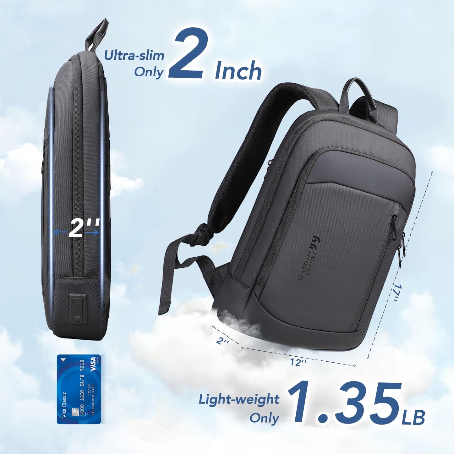 hk Ultra Slim Laptop Backpack for Men, Lightweight Business Backpack for 15.6 Inch Laptop with USB Charging Port, Anti-Theft Water Resistant Computer Bag for Work Travel Office, Black