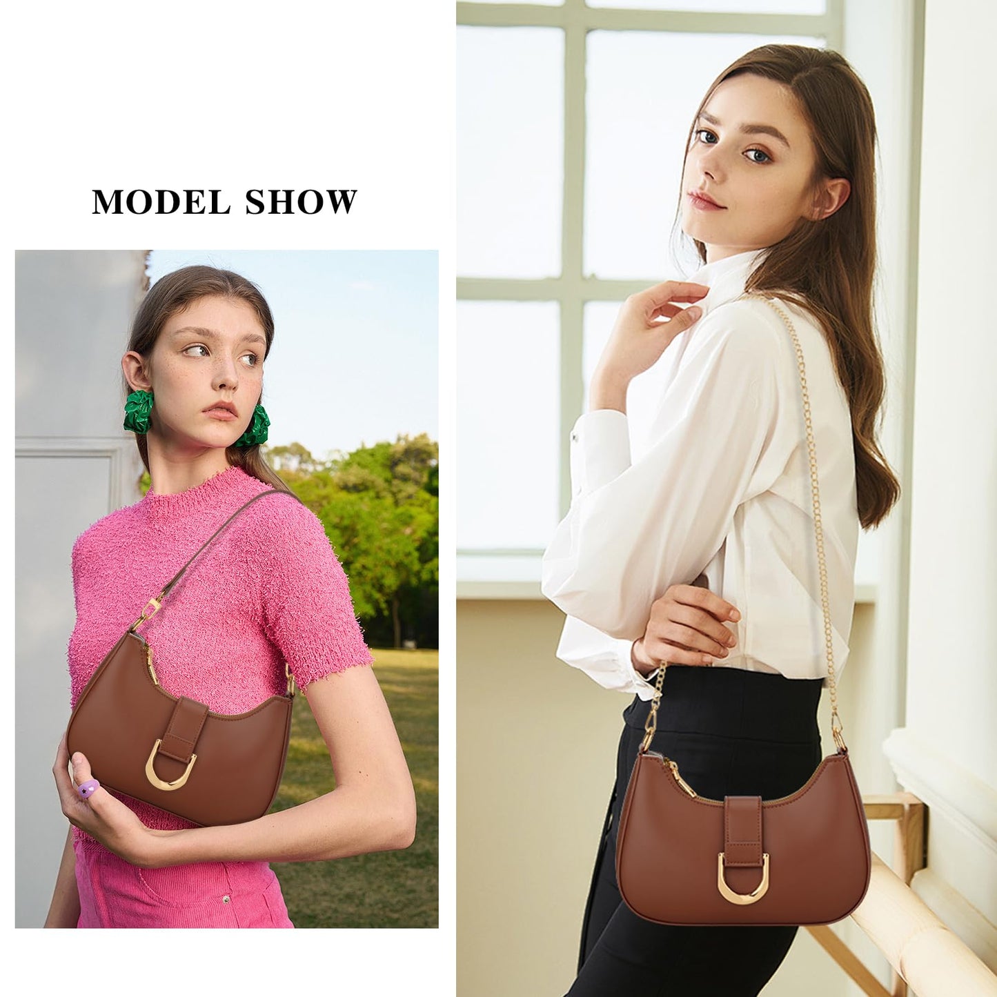 KKXIU Small Shoulder Bag for Women - Crescent Bag Small Purses for Women Trendy Vegan Leather Purse with Removable Strap (Brown)