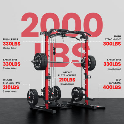 JELENS SR01 Smith Machine, 2000LBS Multi-Function Power Cage with LAT Pulldown System, All-in-One Home Gym Squat Rack with Smith Bar and Training Attachments (Red, SR01 Smith Machine)