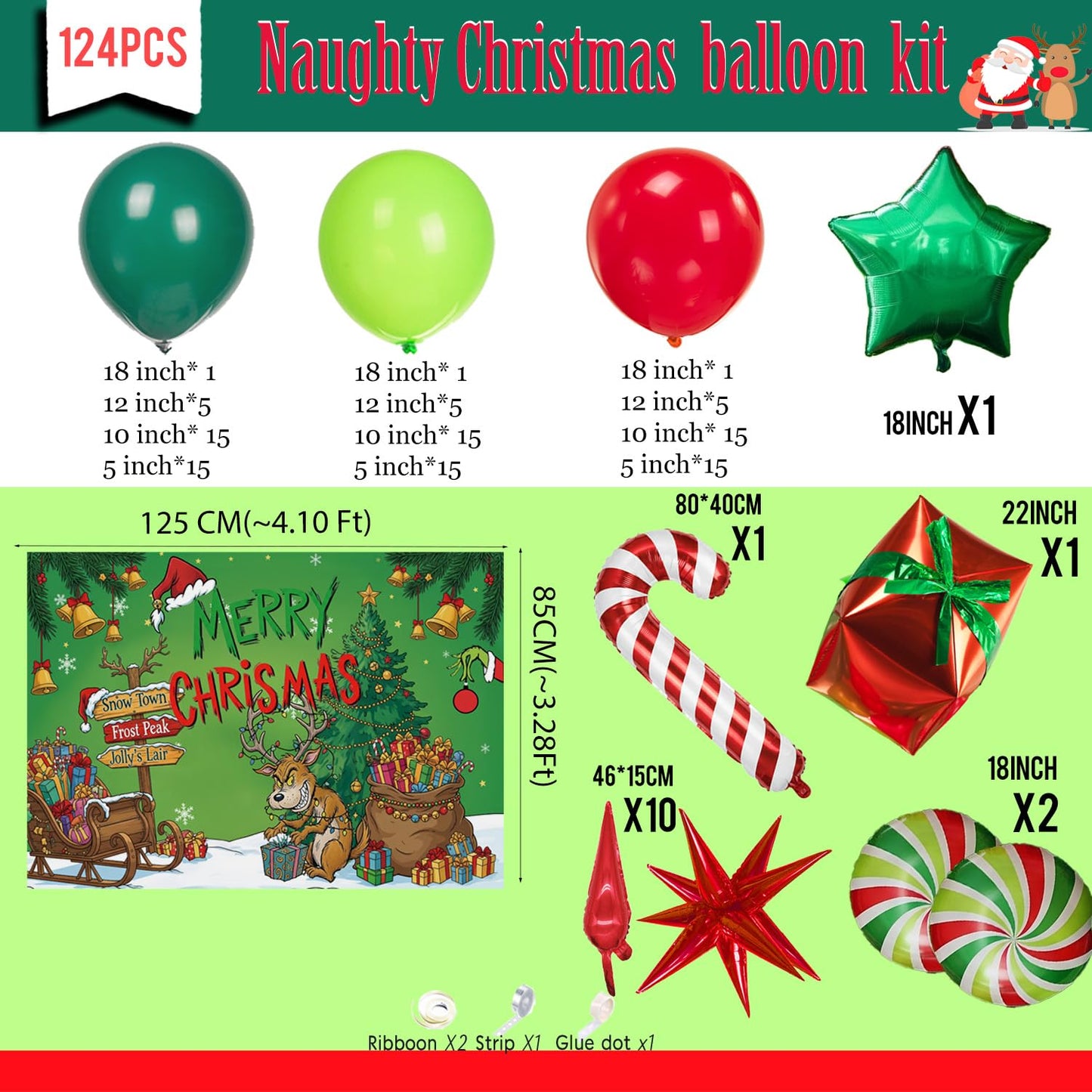 Christmas Balloon Garland Arch Kit with backdrop Xmas Red Green Balloons Candy Cane Gift Box Star Foil Balloons for Christmas New Year Birthday Party Decorations (Red Green)