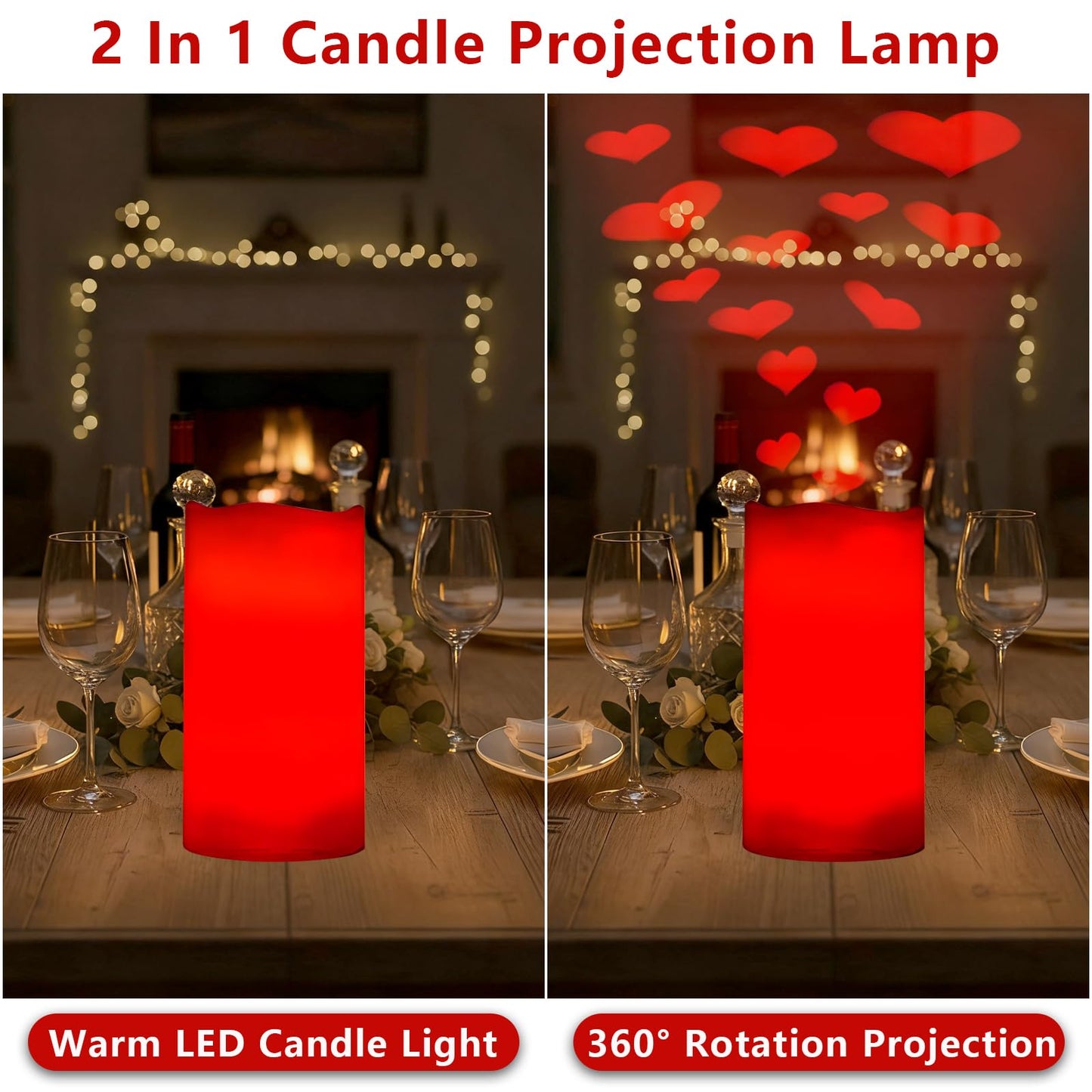 AVEKI Heart Flameless Candles Projector, Valentine's Day LED Pillar Candles with Remote and Timer, Battery Operated Romantic Projection Light for Wedding Holiday Home Decor, Gifts for Women (Love-Red)