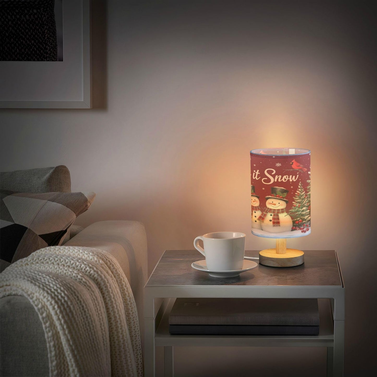 Dussdil Christmas Snowmen Cardinals Trees Table Lamp Bedroom Bedside Night Reading Desk Lamps Cylinder Nightstand Sleeping Light Lamp for Xmas Party Living Room Office Decor