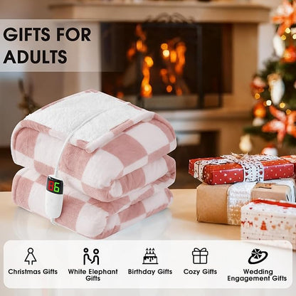 Light Pink Heated Blanket Electric Twin Size, 62X84 Heating Blanket with 10 Heat Levels & 8 Hours Auto Off, Checkered Plaid Soft Fleece Sherpa Blankets Warmer Gifts for Couch Grandma Women Adults