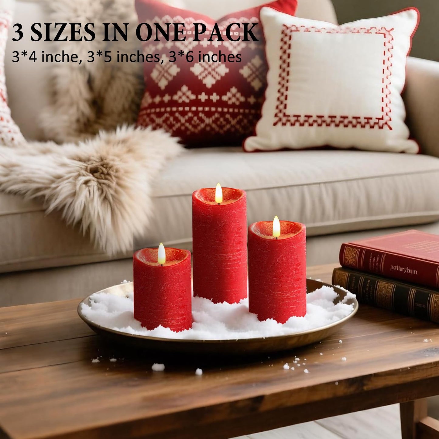 Flameless Candles, Battery Operated Led Lights Candle 3 Pack, Christmas Decorations Home Decor, Flickering Light White Pillar Candles with Real Wax Remote Control Timer. 3x3, 3x4, 3x5 inches, Red