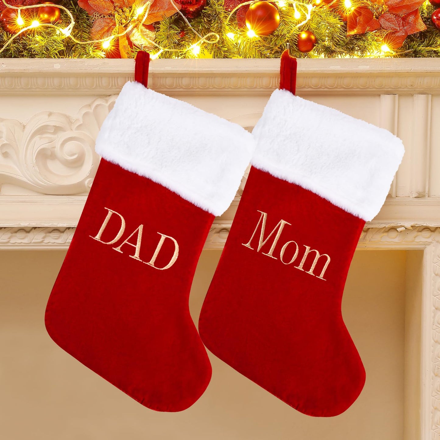 20 Inches Monogram Christmas Stockings with Mom Letters, Large Super Soft Christmas Stockings Red Velvet with White Super Soft Plush Cuff for Christmas Xmas Tree Holiday Fireplace