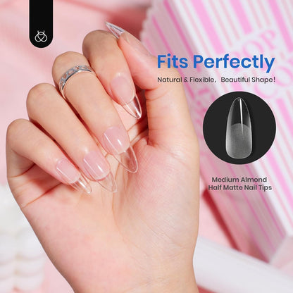 Beetles Gel Nail Kit Short Almond, 240Pcs Easy Nail Extension Set Shaped Clear Tips with 5 in 1 Nail Glue Base & Top Coat and Mini UV Lamp, Nail Tips Art Acrylic Nail Kit Gifts for Women
