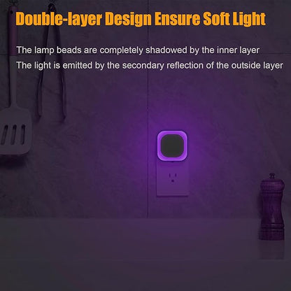 2 Pack Purple Night Light, Gentle Eye-Care with Dimmable Soft Glow & Indirect Reflection, Auto Dusk to Dawn Sensor, Plug in Nightlight for Meditation Corner, Creative Studio, Bedroom, Bathroom