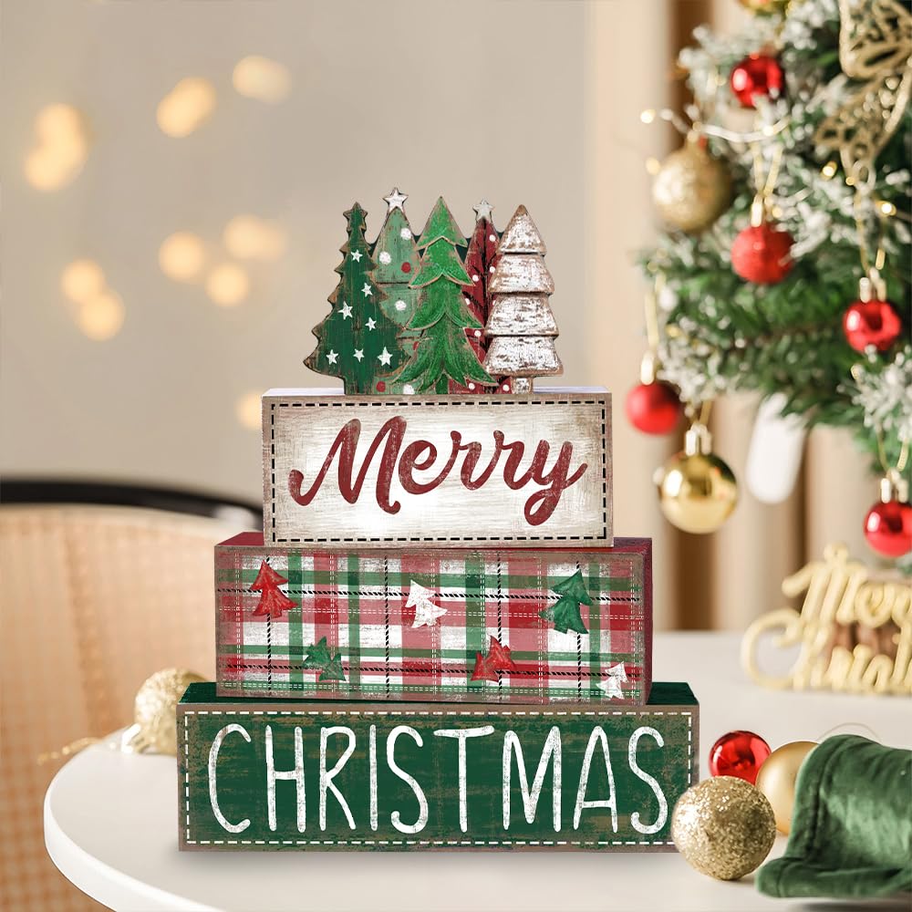 DIYDEC 4Pcs Christmas Table Decoration Green Tree Wooden Block Sign Christmas Tiered Tray Decor Winter Centerpiece Decorative Sign for Xmas Holiday Tabletop Coffee Fireplace Shelf Desk Party Decor