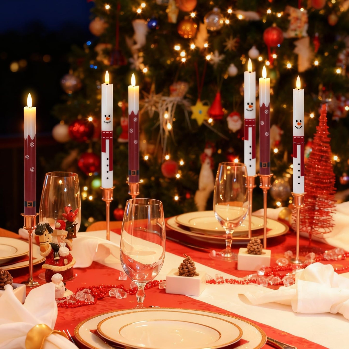 Wondise Christmas Snowman Flameless Taper Candles with Remote Timer, Real Waxy Battery Operated Flickering Candlesticks 3D Wick LED Candles 9.6inch for Halloween Christmas Thanksgiving Decoration