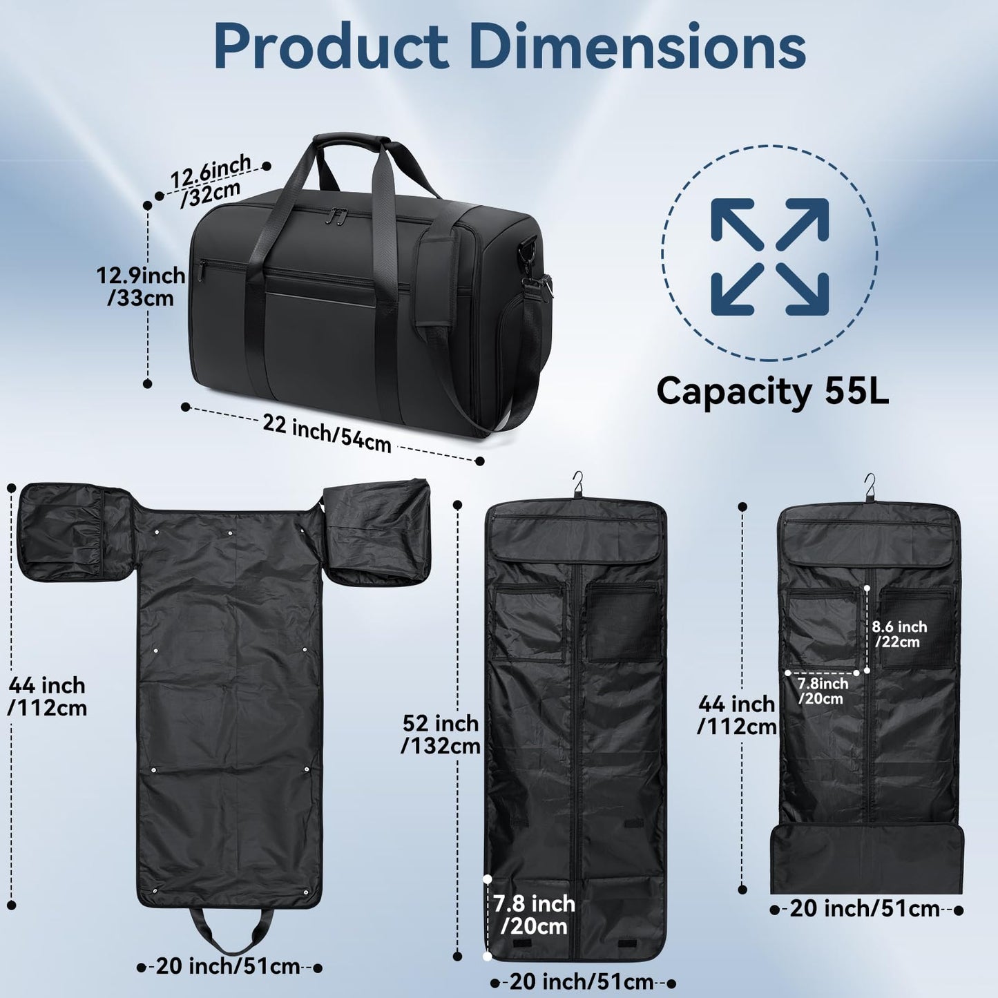 GARPROVM Garment Duffle Bags for Travel, 4 in 1 Convertible Garment Bags with Separated Suit Bag Shoe Compartment, Waterproof Carry On Luggage Bag Backpack for Short Trip, Weekender Bag for Men Women