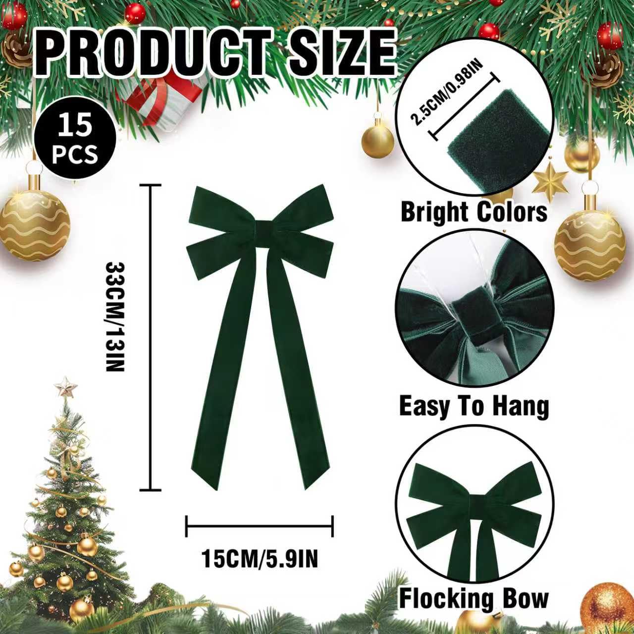 JOICEE 15Pcs Christmas Velvet Bows, 5in x 12in Christmas Tree Bows Rustic Crafts Gift Wrapping Bows Xmas Ornaments for Wreath Garland Tree Decorations Indoor Outdoor Holiday Decor(Green)