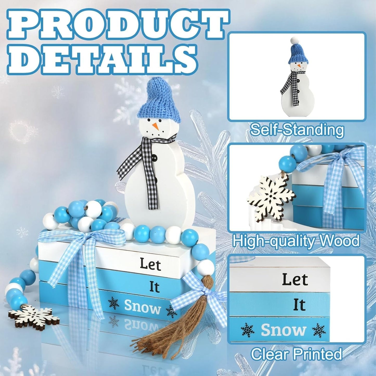 Winter Decorations 5 PCS Table Centerpiece Snowman Decor, Cute Tabletop Winter Decor for Tiered Tray Shelf Mantel Fireplace Coffee Bar Office Desk, New Year Decorations Faux Book Snowman Bead Garland