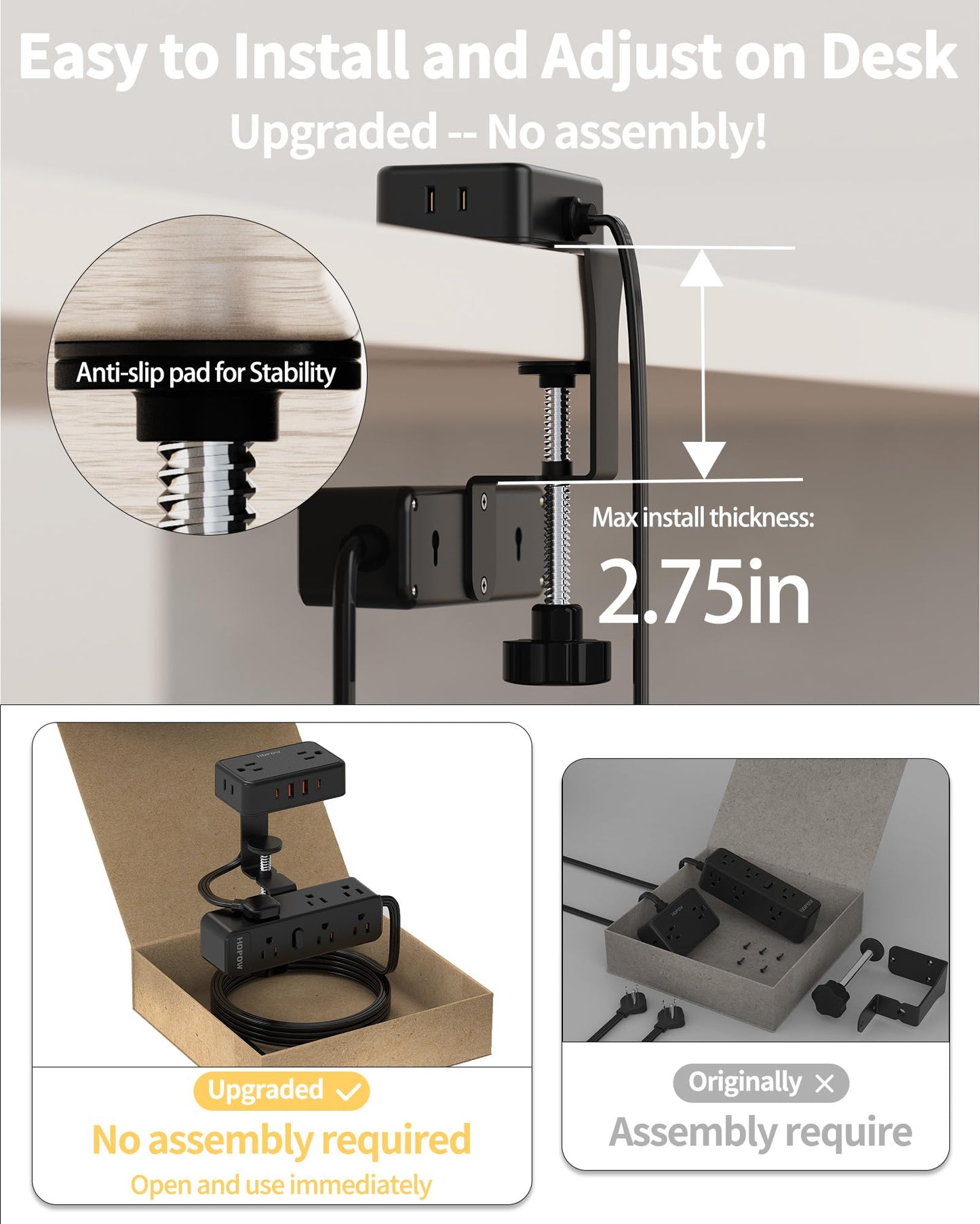 HOPOW Dual Layer Desk Clamp Power Strip, Desktop Edge Mount Charging Station with 13 Outlets 4 USB Ports (2 USB C), Under Desk Surge Protector(1700 Joules), 10 Ft Extension Cord for Office Home