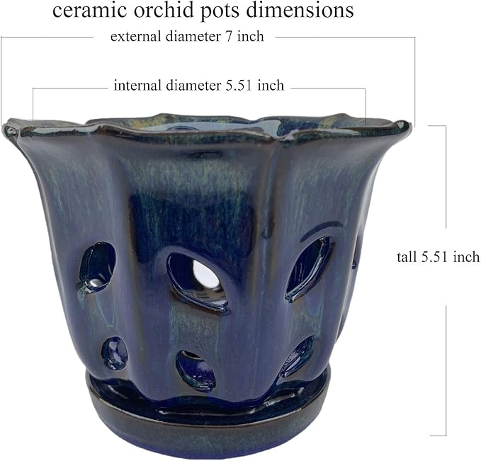 Ceramic Orchid Pots with Holes 6 inch (Dark Blue)
