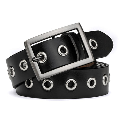 McFanBe Leather Belt for Women Girls Waist Belt Alloy Buckle 1.1 Inches Width Adjustable (B:Black, M(Fit waist size 34"-37"))
