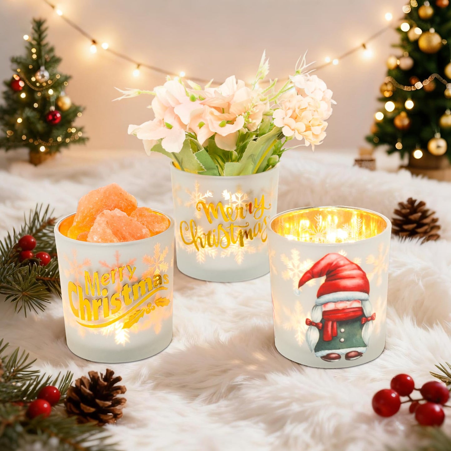 Christmas Votive Candle Holders, Set of 3 White Gold Red Glass Candle Holder for Christmas Table Centerpieces, Xmas Tea Light Holders with Gnomes Truck Snowman for New Year Holiday Party Decor