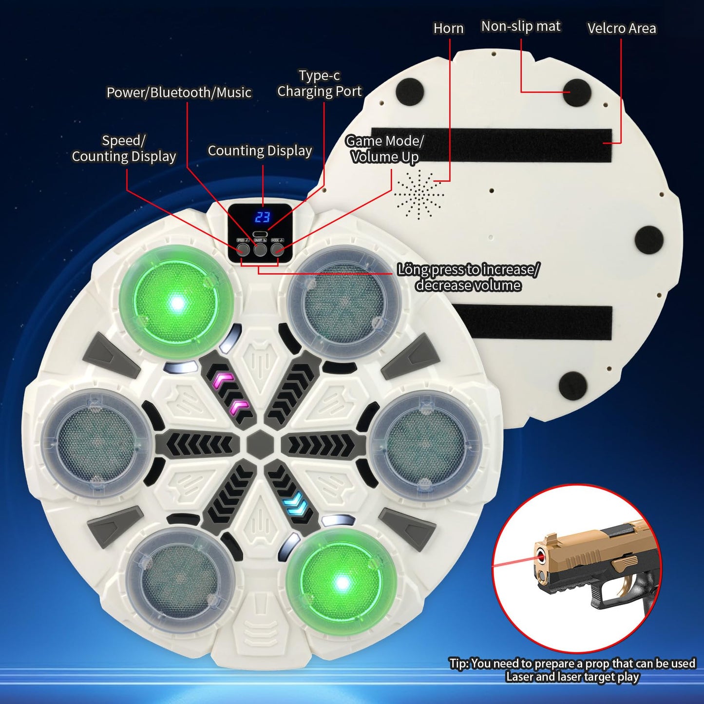 ZBULAR 6-in-1 Laser Dry Fire Training Targets with Smart Bluetooth Music, LED Display, Multi-Angle Training, Type-C Charging, Compatible with 9mm/22lr/223 Bullets Bore Sight