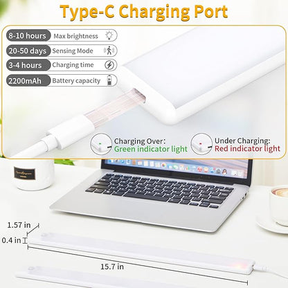 Wireless Under Cabinet Lighting 16 Inch 3 Pack, Magnetic Motion Sensor Light Indoor USB C Rechargeable Closet Lights, 3 Color Dimmable LED Night Light Stick on Under Counter Lights for Kitchen Stairs