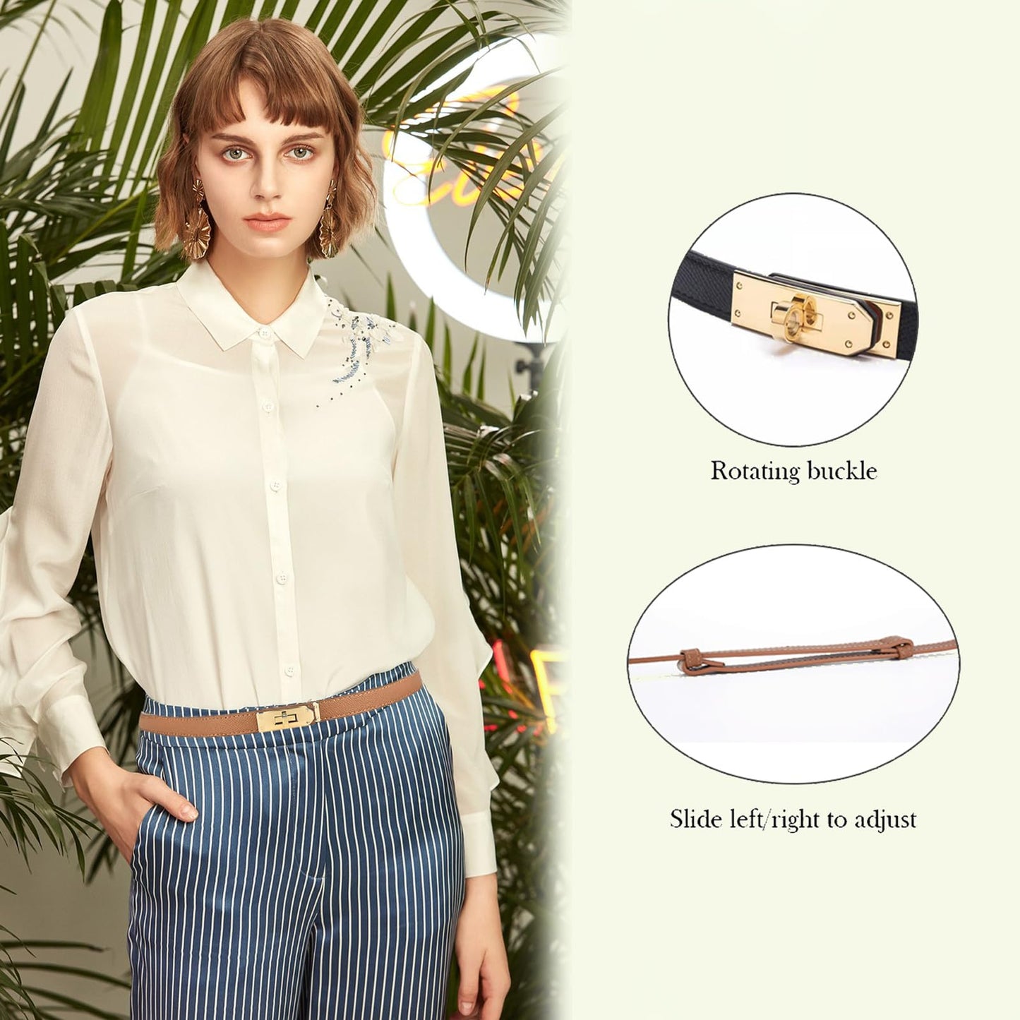 Ovekaut Women Skinny Leather Belt Solid Color Alloy Turn Lock Adjustable Waistband for Dresses Jeans Coats