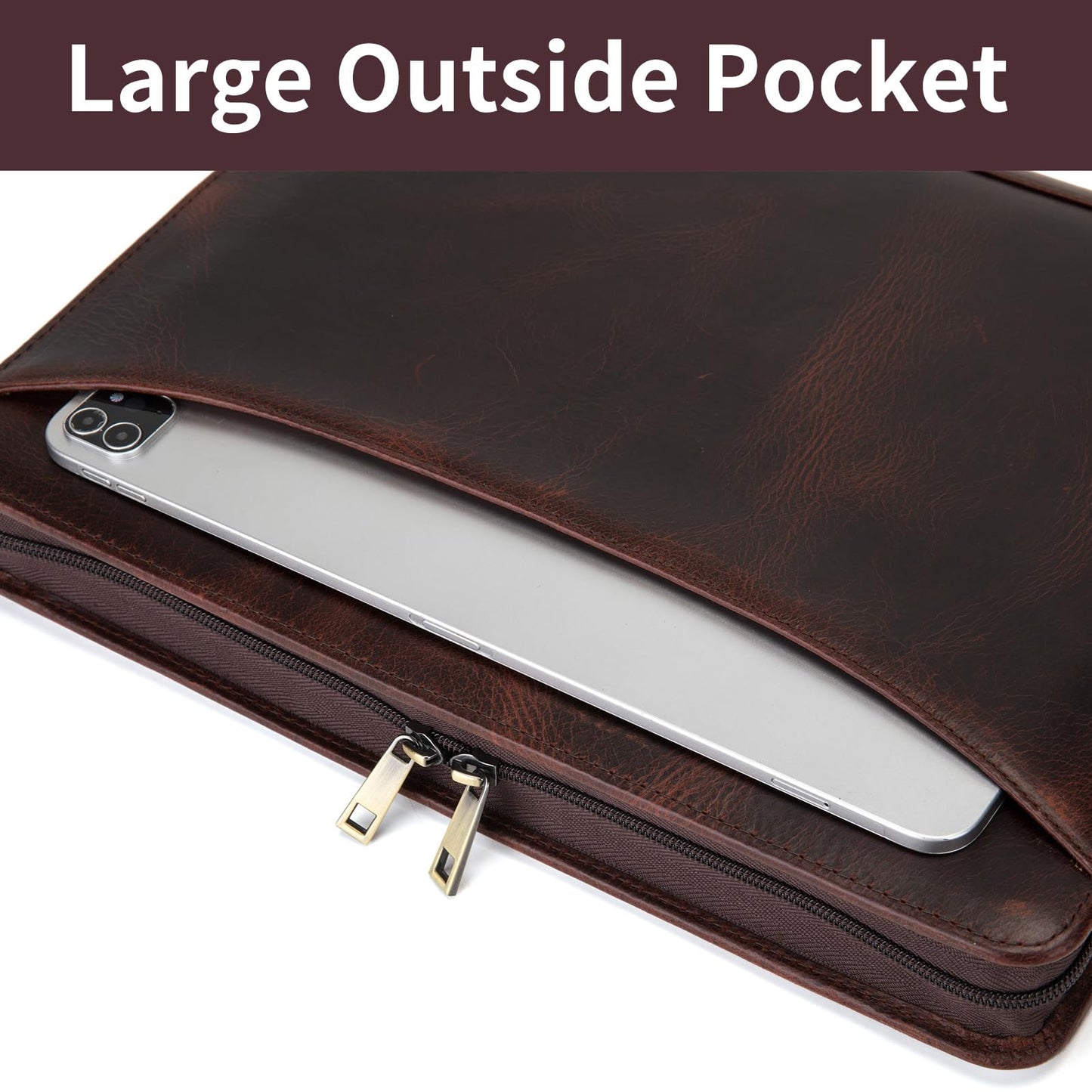 Geslun 3 Ring Binder Genuine Leather Portfolio, Front Pocket, 8.5 x 11 Legal Pad Padfolio for Men and Women, Zippered Notepad Laptop Organizer, Business Executive Work Folio, Dark Brown, Oil Tanned