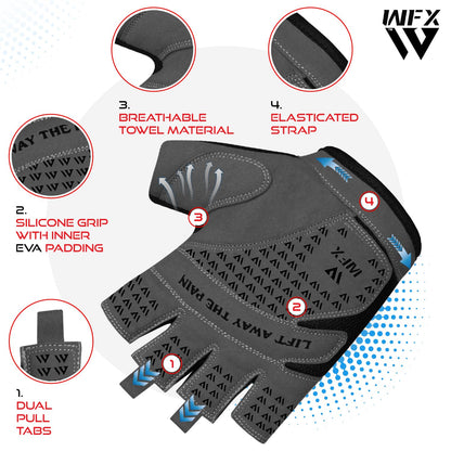 WFX Weight Lifting Gym Gloves Fitness Workout Breathable Ladies Gloves Non-Slip Silicone Padded Palm Protection Elasticated Strength Training Equipment Half Finger Exercise (Black, XL)