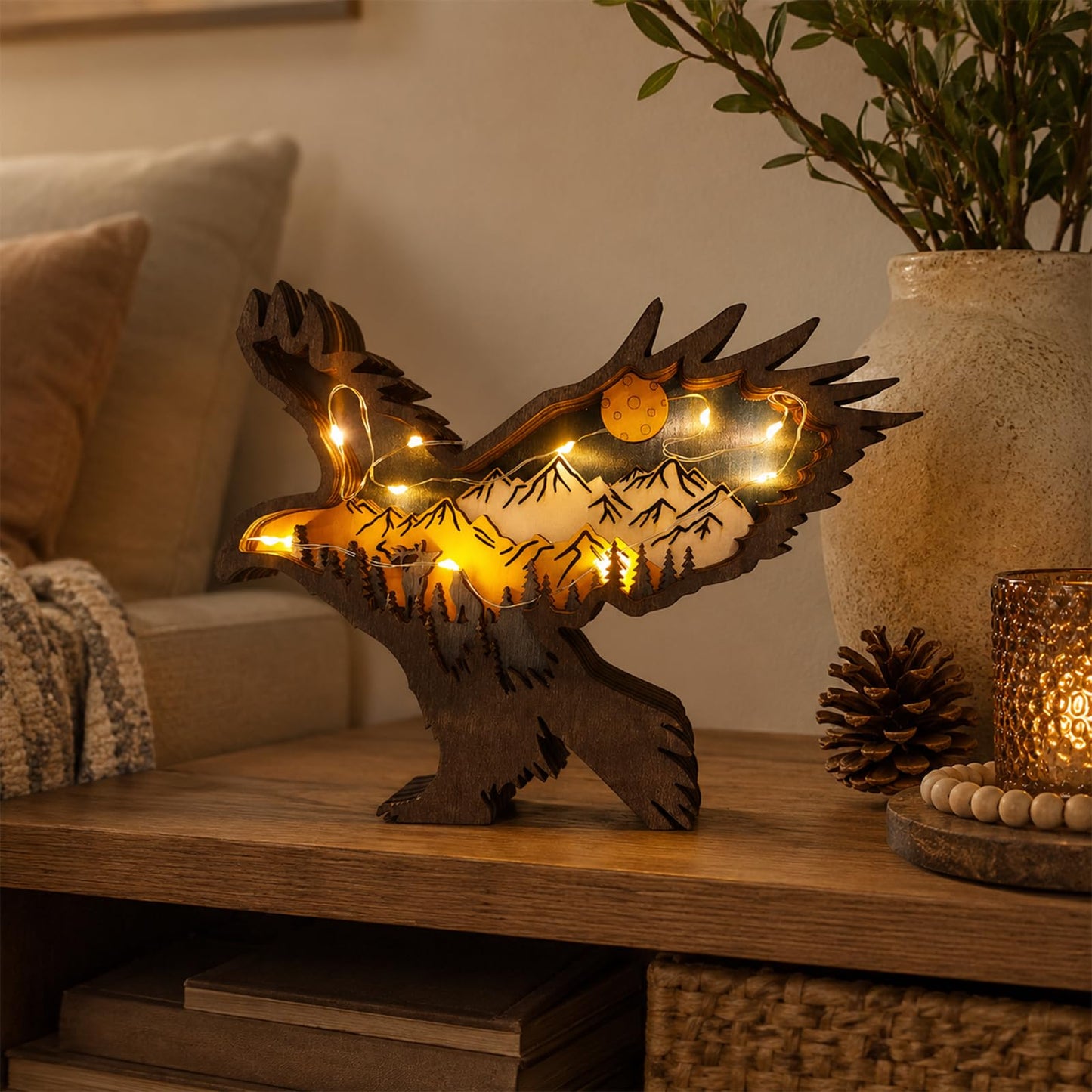 Drawelry 3D Wood Carving Animals Lamp Home Decorative, Cute Bear Family Elephant Presents Ideas Christmas Living Room Office Decor Warm LED Night Lights Gift for Friend Daughter Son Mom Dad (Eagle)