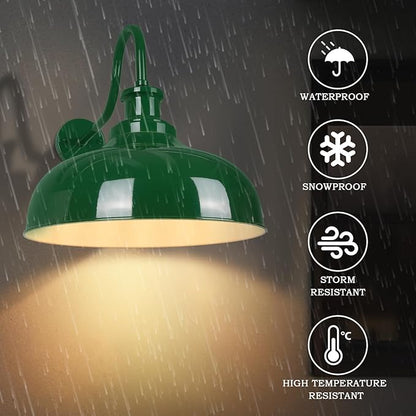 Outdoor Gooseneck Barn Lights, 16 Inch Dome Rustic Outdoor Wall Sconces, Farmhouse Exterior Wall Mount Lighting Fixture, Industrial Green Wall Lantern for Porch, Entryway, Garage, RZ007L-2 GR+WH
