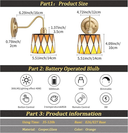 Vintage Battery Operated Wall Sconce Set of 2, 5000mAh Rechargeable Wall Lamp 12 RGB Colors Dimmable, Gold Lights Fixture for Bedroom Bathroom Living Room Hallway Orange Checker