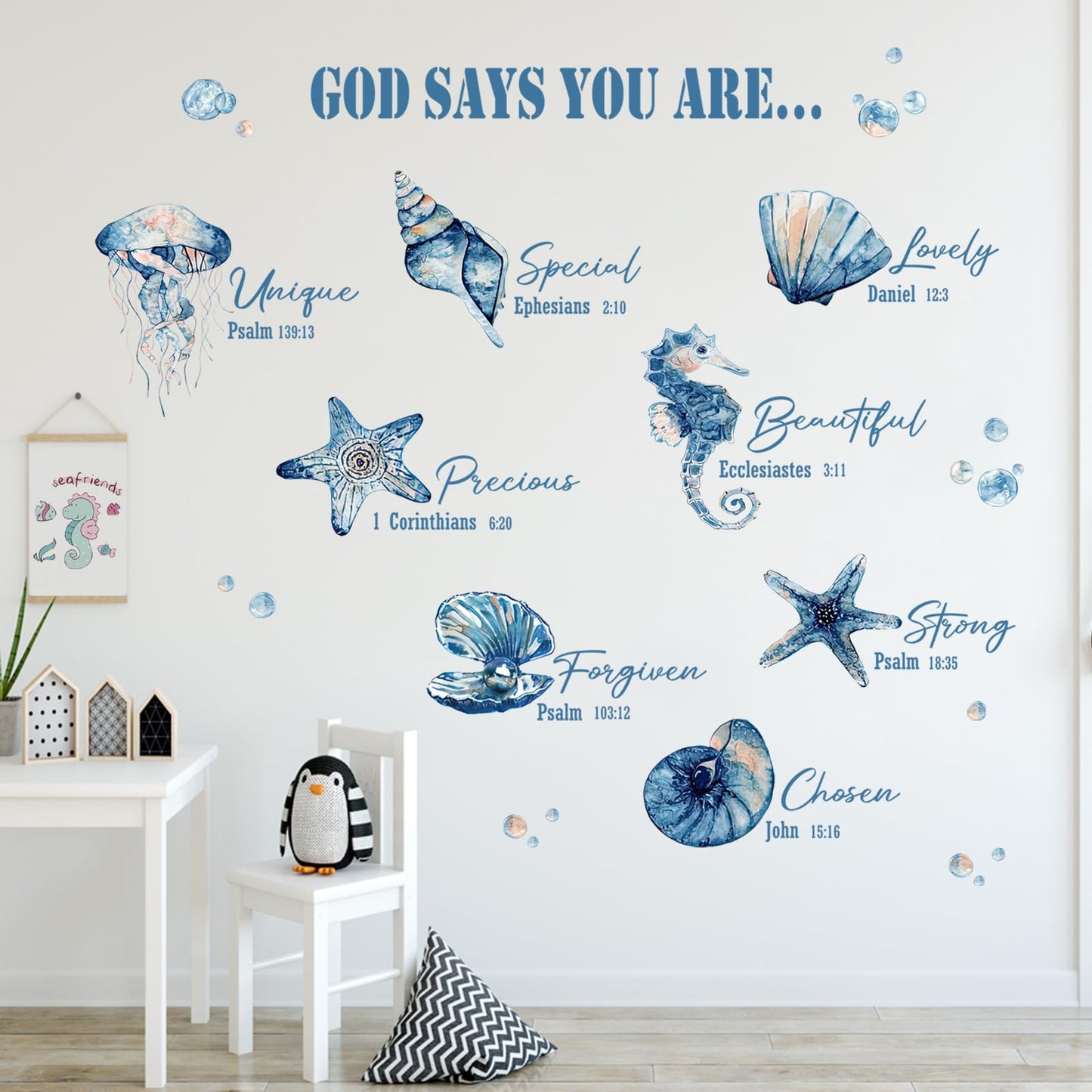 Yovkky Religious God Says You are Inspirational Wall Decals Stickers, Marine Animal Sea Shell Starfish Seahorse Jellyfish Home Bedroom Decor, Coastal Beach Ocean Living Room Kitchen Decorations Art
