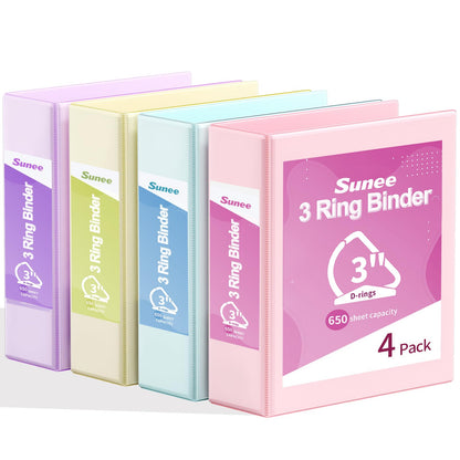 SUNEE 3 Ring Binder 3 Inch D Ring, Clear View Binder Three Ring PVC-Free (Fit 8.5x11 Inches) for School or Office Supplies, Assorted Pastel, 4 Pack