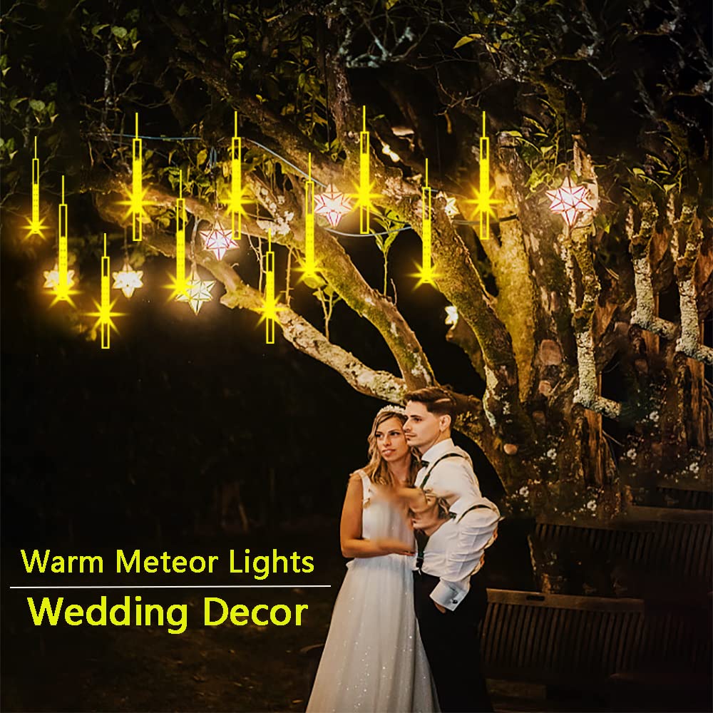 Kwaiffeo Warm White Christmas Lights Outdoor, 24 Tubes(Equivalent to 3 Sets of 8-Tube) LED Meteor Shower Lights for Xmas Wedding Party Decorations, Warm White Fairy Icicle Light for Yard Outside