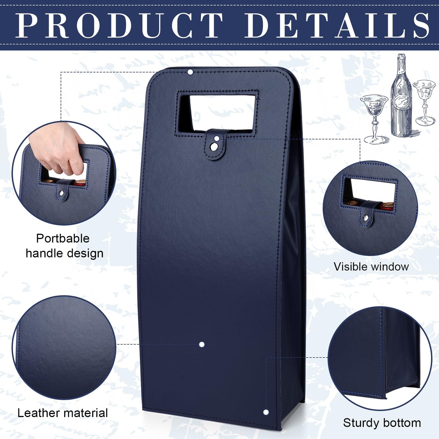 FillTouch 10 Pcs Double Wine Tote Bag Leather Wine Carrier Double Bottle Champagne Beer Bottle Gift Bags Purse Case Holder for Tasting Party Wedding Birthday Christmas (Navy)