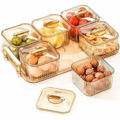 WUWEOT Nut and Candy Serving Tray, Divided Snack Serving Bowls, Plastic Compartment Appetizer Food Display Dish Platter with Lid Tray and Handle for Fruit Dessert Nuts Snacks Candy Chip Dip