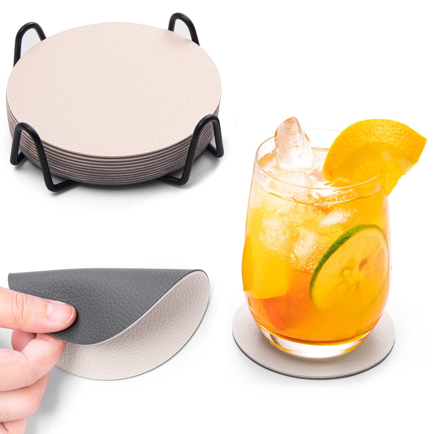 Chitomars Faux Leather Coasters with Holder, Dual Sided Sets of 12, Non-Slip Washable Coasters for Coffee Tabletop Protection (Gray White)