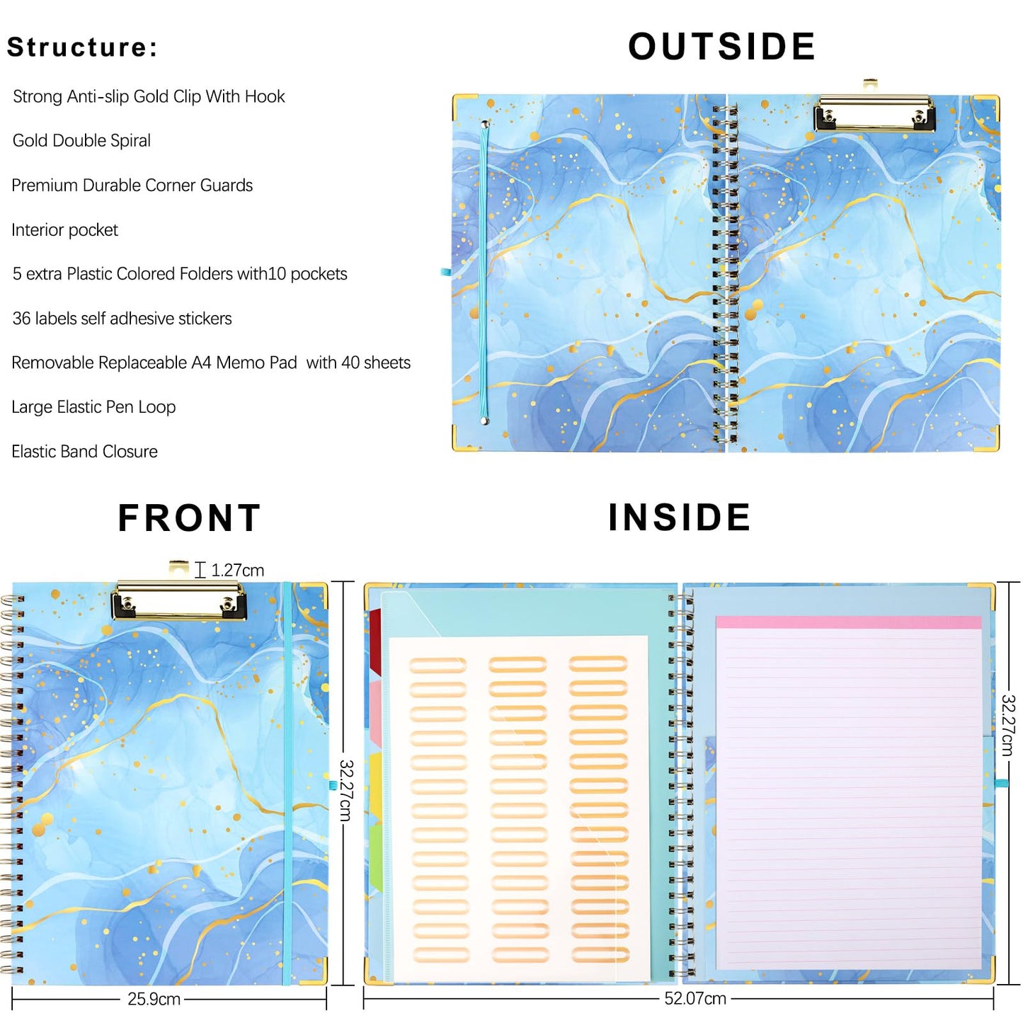 Foldable Spiral Clipboard Folio with Refillable Lined Notepad,5 Plastic Folders with 10 Pockets,Storage Clipboard Folder with Labels,Clipboards with Storage for Office Planner Clip Board-Pale Blue