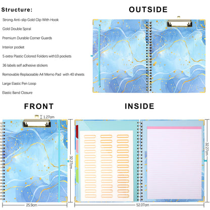 Foldable Spiral Clipboard Folio with Refillable Lined Notepad,5 Plastic Folders with 10 Pockets,Storage Clipboard Folder with Labels,Clipboards with Storage for Office Planner Clip Board-Pale Blue