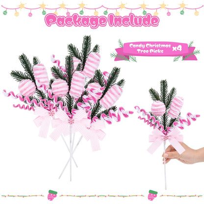 Pastel Candy Cane Christmas Tree Picks Set of 4, Pink Peppermint Ornament Sprays with Bows and Greenery, Christmas Tree Topper Decorations, Candyland Christmas Decor for Tree, Wreath and Garland
