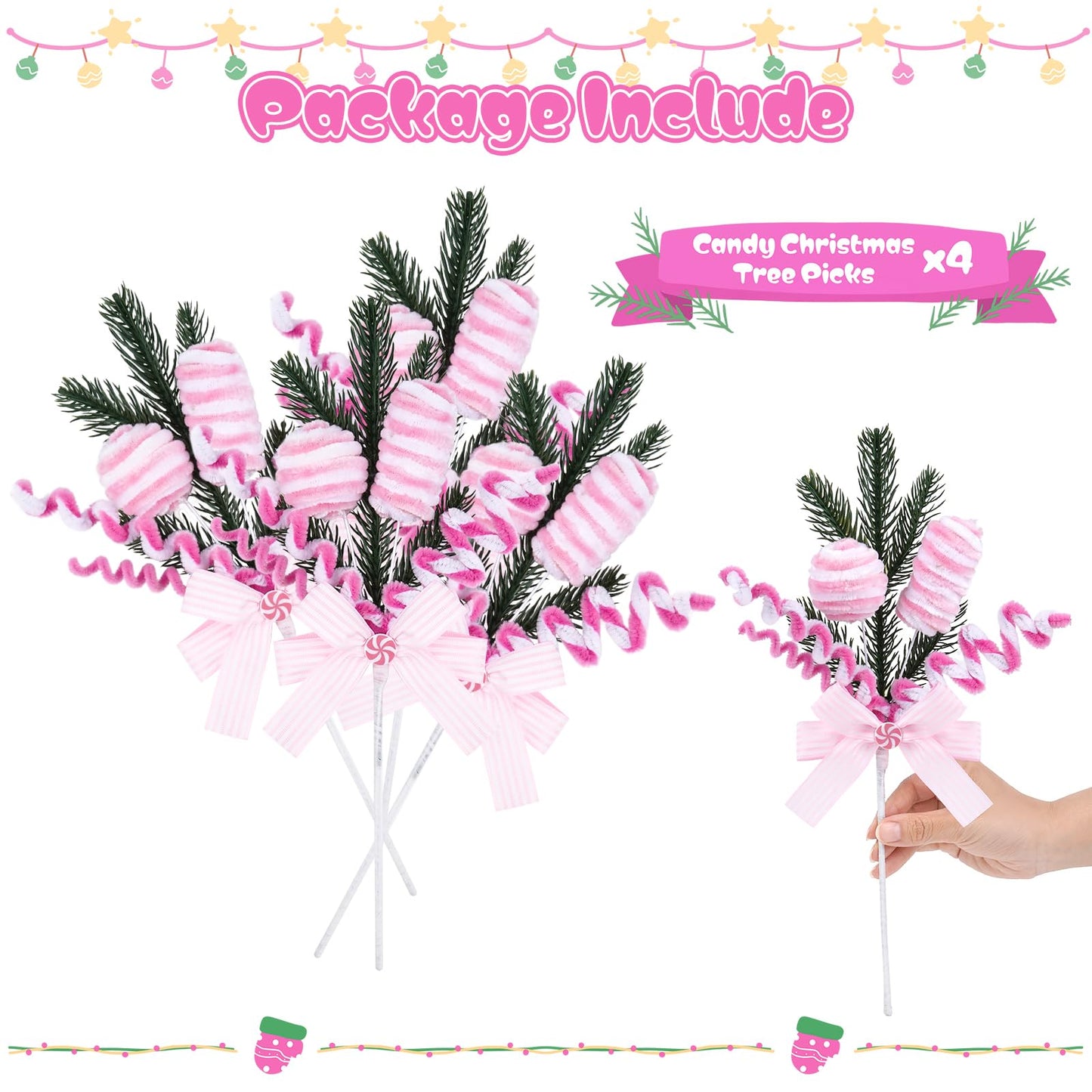 Pastel Candy Cane Christmas Tree Picks Set of 4, Pink Peppermint Ornament Sprays with Bows and Greenery, Christmas Tree Topper Decorations, Candyland Christmas Decor for Tree, Wreath and Garland