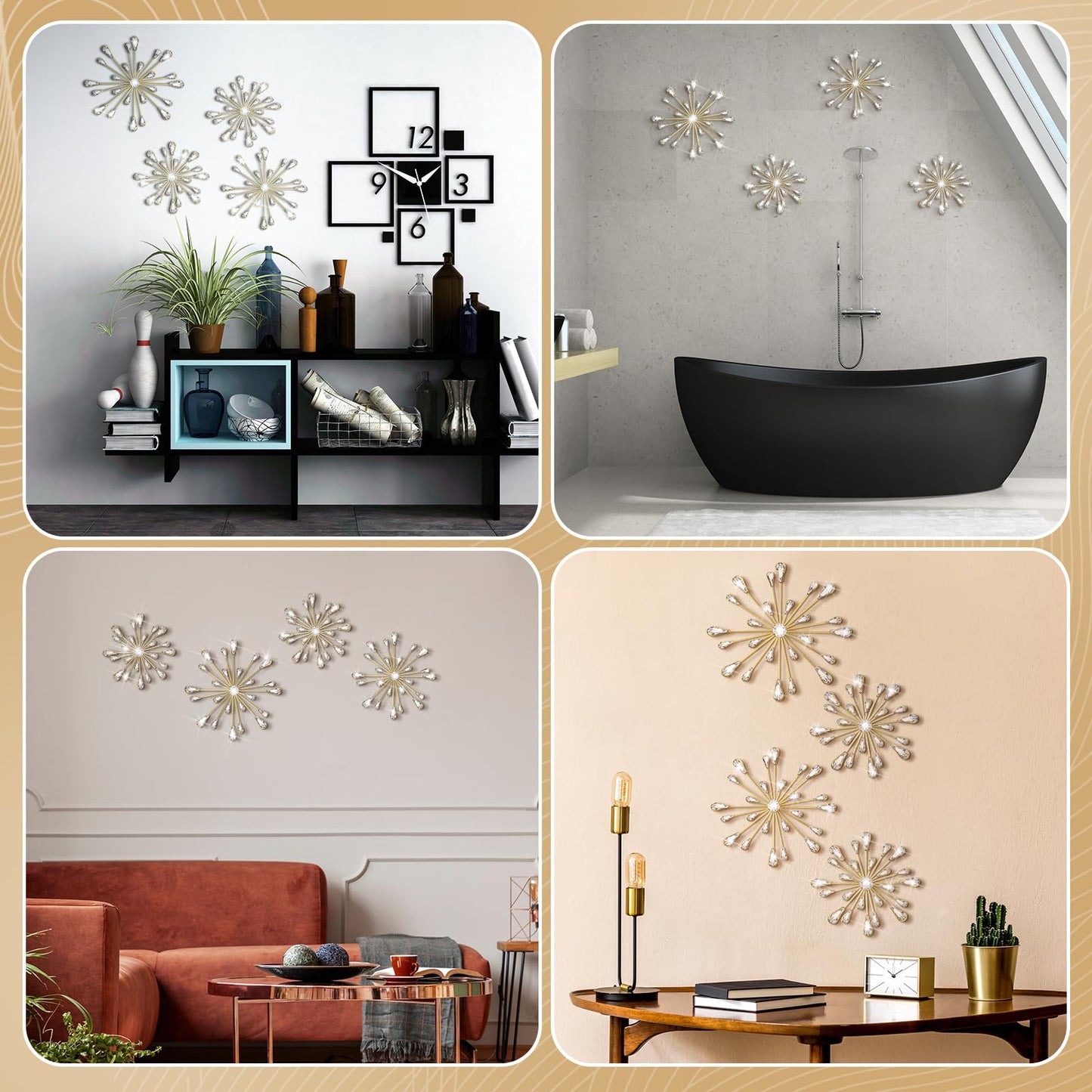 Hicarer 4 Pcs Starburst Wall Decor Bling Wall Art Crystal Teardrop 3D Hanging Rhinestone Radial Metal Artwork Modern Accent Sculptures Decorations for Living Room Home Office Bedroom(Gold)
