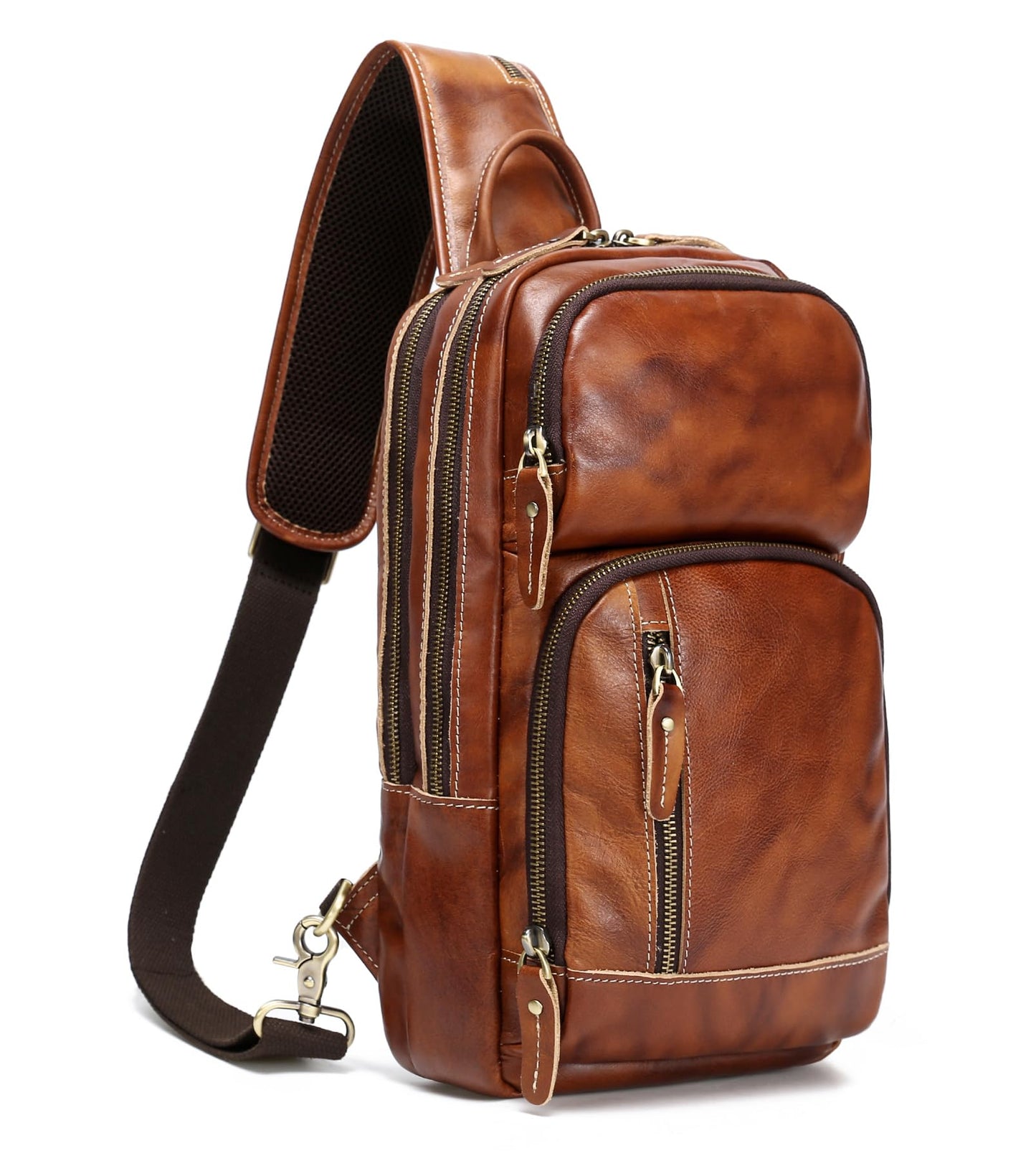 LANNSYNE Vintage Genuine Leather Sling Bag For Men, Crossbody Chest Daypack fits 10.5" iPad