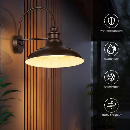Dusk to Dawn Sensor Outdoor Barn Light Fixtures, 16 Inch Dome Farmhouse Outdoor Wall Sconces, Rustic Gooseneck Exterior Wall Mount Lights, Industrial Bronze White Wall Lanterns for Porch, 2 Pack