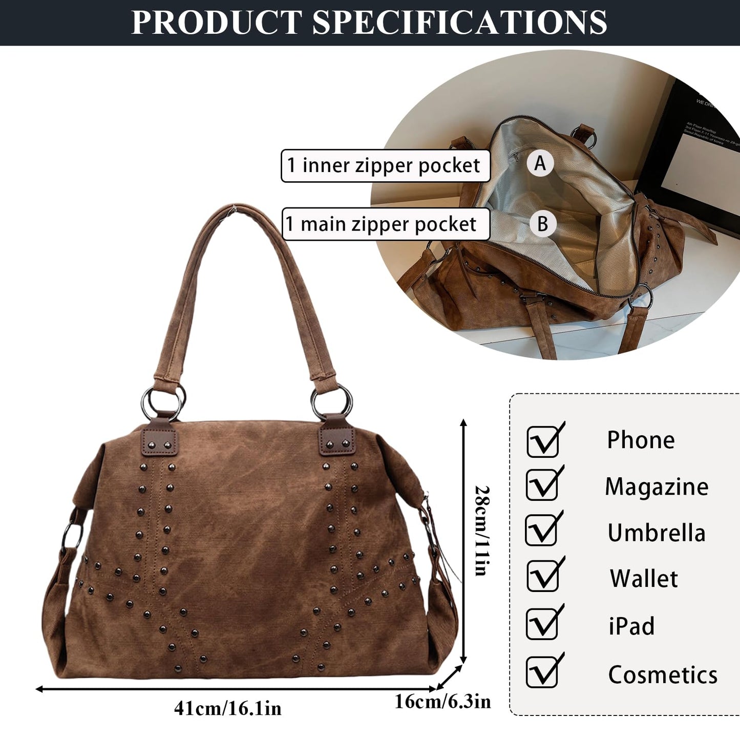 OWGSEE Studded Purse Trendy Faux Leather Studded Tote Handbag Top-Handle Hobo Bags Y2K Shoulder Bag Punk Purse for Women(Brown)