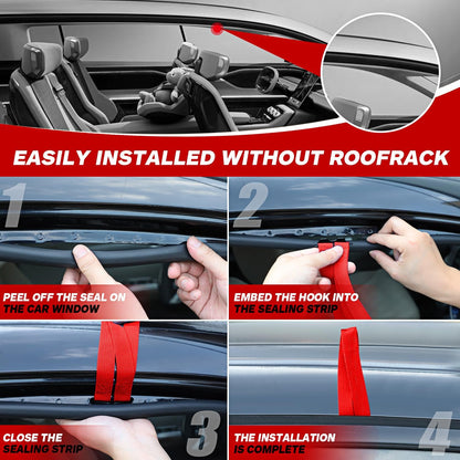 6 Rooftop Cargo Tie Down Hook Straps-Secure Any Car Roof Bag, Roof Rack Cargo Carrier,or Car Top Carrier,Durable and Solid, No Roof Rack Required, Compatible with Most Cars - Registered Patent (red)