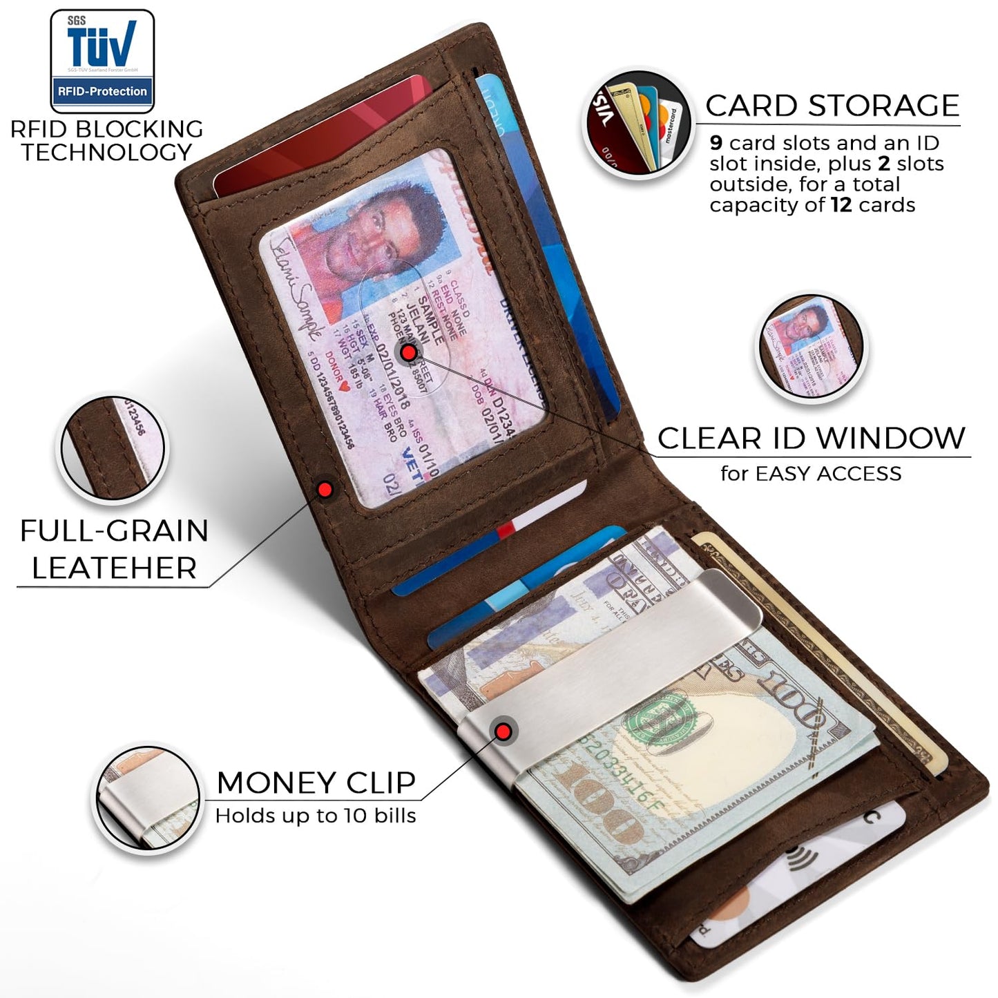 Zitahli Genuine Leather Wallet for Men 12 Card Slim Mens Wallets Bifold RFID Blocking with Money Clip & ID Window Thin Minimalist Card Holder Wallet with Gift Box
