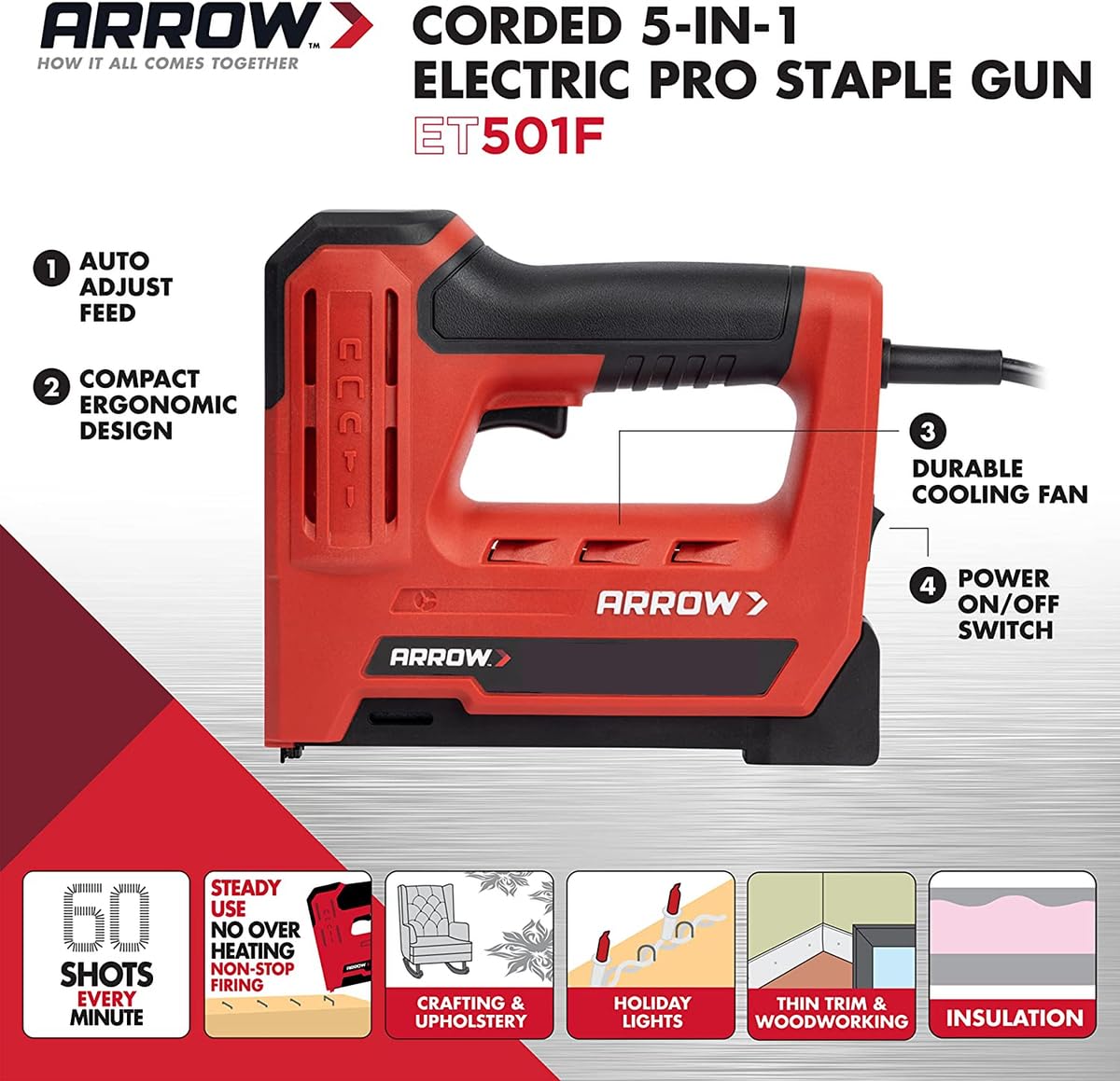 Arrow ET501F Corded 5-in-1 Professional Electric Staple and Nail Gun, Wire Stapler, and Brad Nailer for Upholstery, Framing, Insulation, Crafts, Fencing, and Cable, Black/Red
