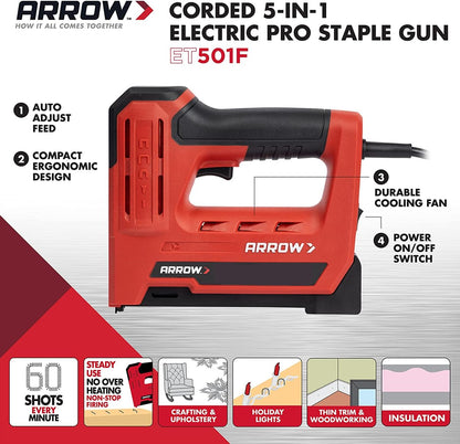Arrow ET501F Corded 5-in-1 Professional Electric Staple and Nail Gun, Wire Stapler, and Brad Nailer for Upholstery, Framing, Insulation, Crafts, Fencing, and Cable, Black/Red
