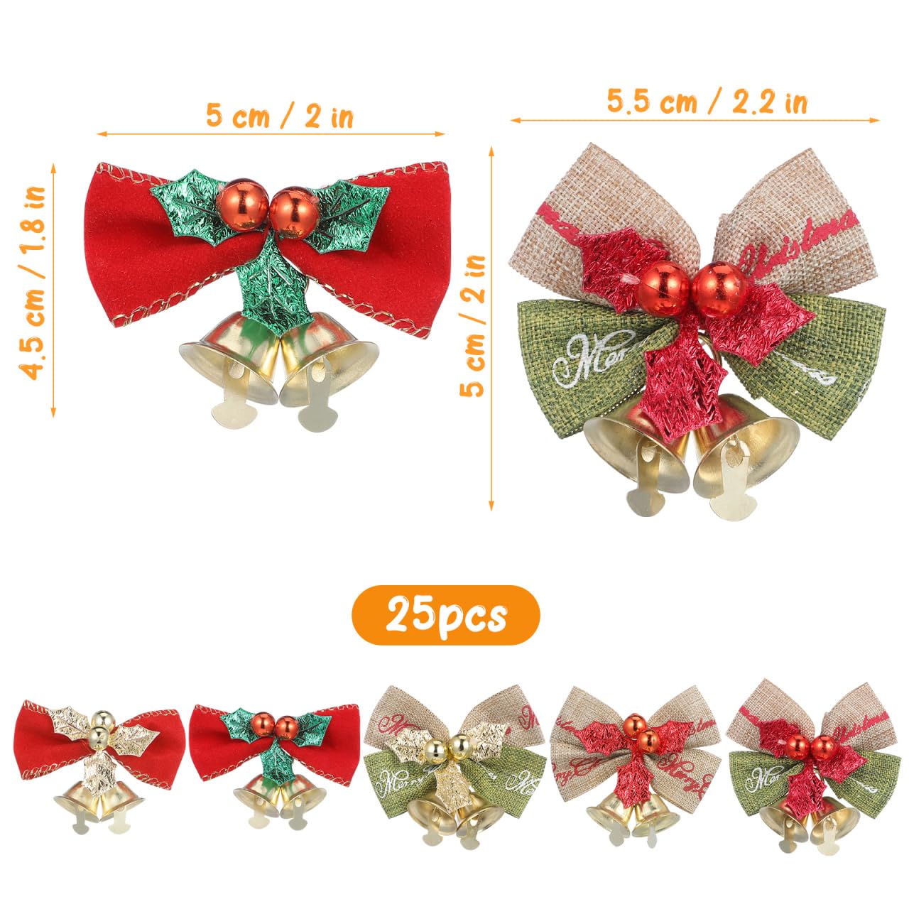 Mini Christmas Bows Ornaments with Bells: 25 Pcs Small Linen Bows and Metal Jingle Bells for DIY Crafts Xmas Tree Hanging Party Wedding Decorations 2.2 Inches